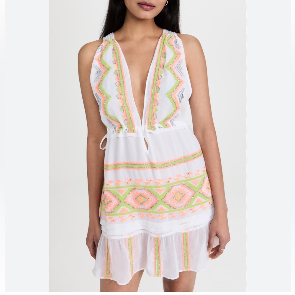 New Ramy Brook Women's White Beaded Plunging Drawstring Waistband Dress